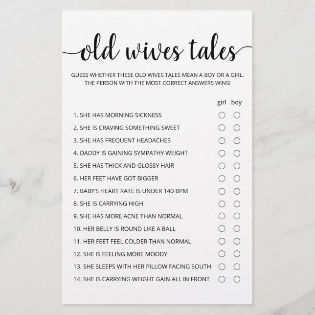 Papier Old Wives Tales Jeu Baby shower partie (Devant)