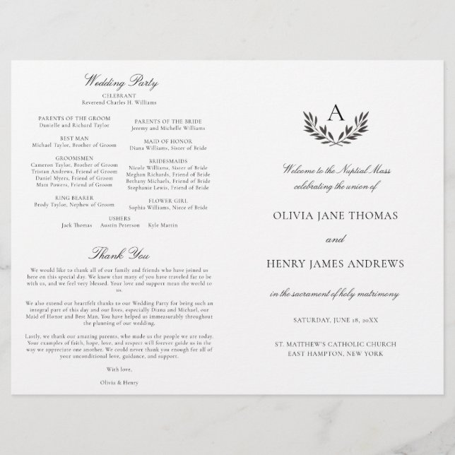 Papier Olivia Black & White Catholic Mariage Mass Program (Devant)