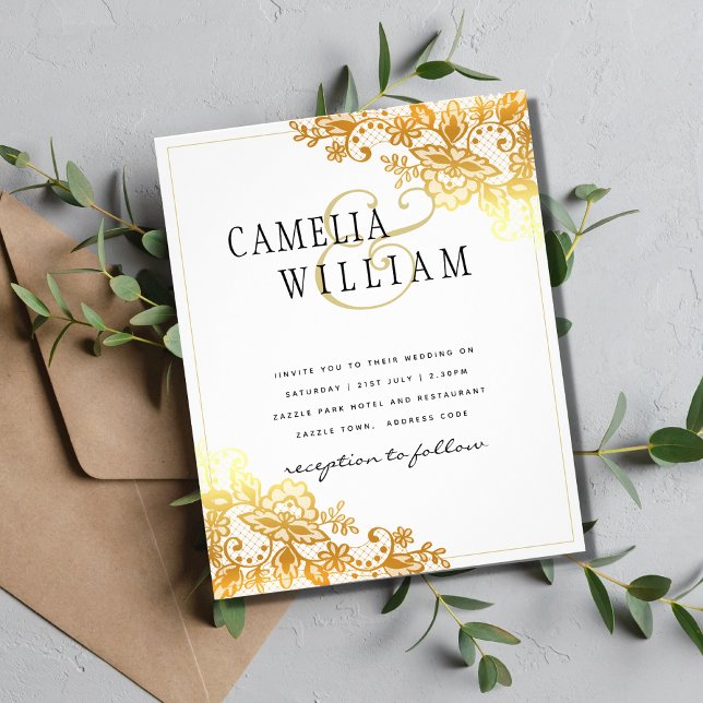 Papier Or dentelle blanche Faire-part de mariage classiqu (Créateur téléchargé)