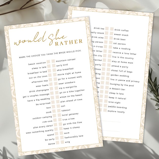 Papier Or Perfect Pear Voudrait-Elle Plutôt Jouer (Would She Rather - Bridal Shower Game)