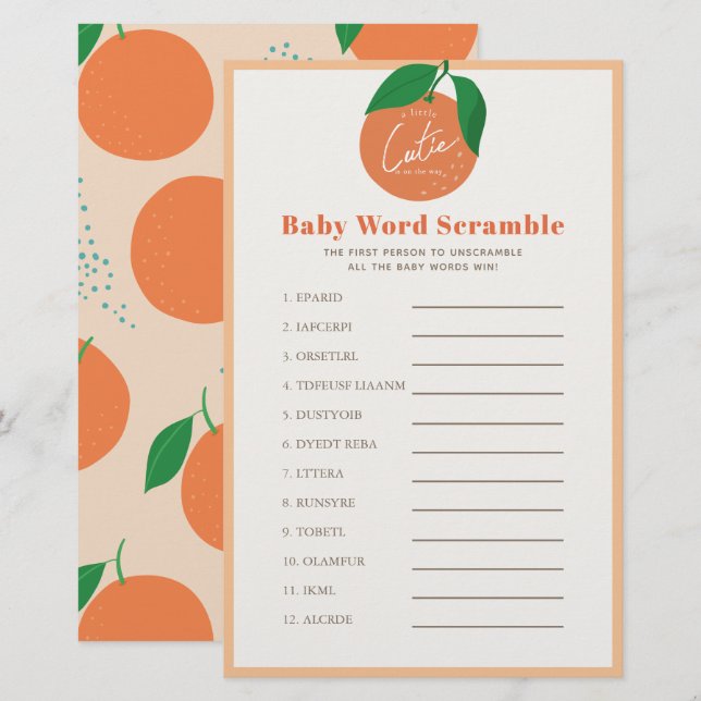 Papier Orange Baby Word Scramble Baby shower Jeu (Devant / Derrière)