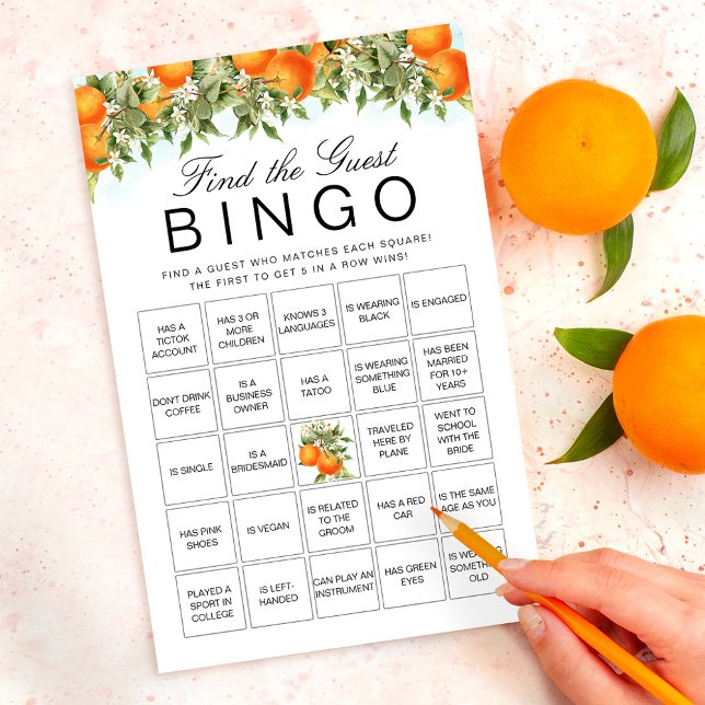Papier Orange Citrus Trouver L'Invité Bingo Game Card (Créateur téléchargé)