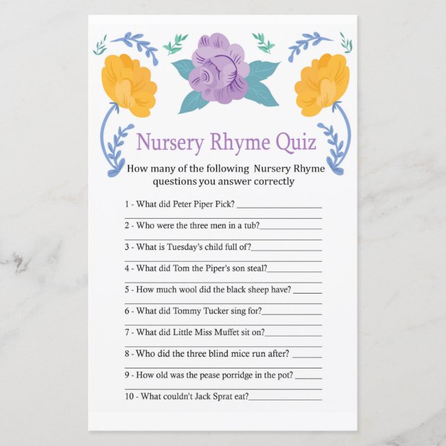 Papier Orange Fleurs Nursery Rhyme jeu de baby shower (Devant)