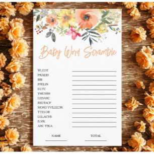 Papier Orange Floral Mot Baby shower Jeu