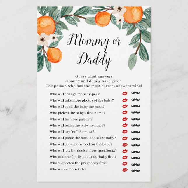 Papier Oranges Baby shower jumeau maman ou papa jeu (Devant)