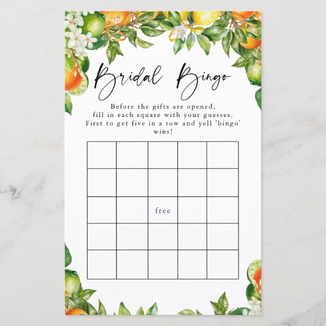 Papier Oranges Citron Citrus Bride Jeu de Bingo (Devant)