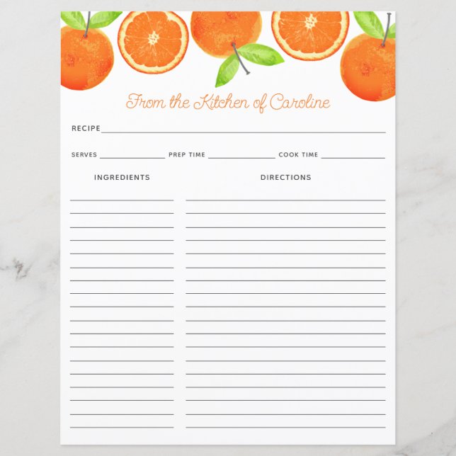 Papier Oranges Citrus Fruit Recipe Card Binder Insert (Devant)