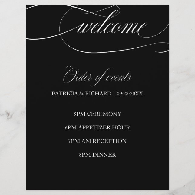 Papier Ordre des événements de mariage chic noir et blanc (Devant)