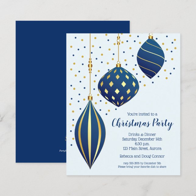 Papier Ornements de Noël Bleu Or Invitations Budget (Devant / Derrière)