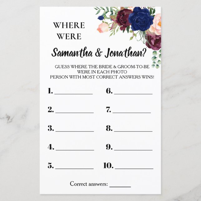 Papier Où étaient-ils nuptiale douche anglais jeu espagno (Devant)