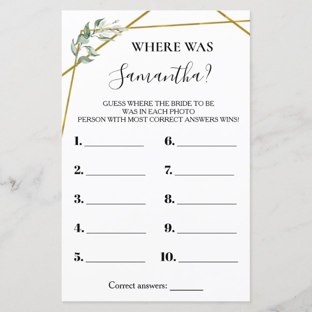 Papier Où était Elle nuptiale douche jeu bilingue (Devant)