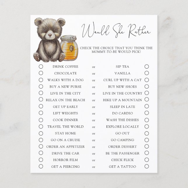 Papier Ours au miel / Baby Shower Préférences (Devant)