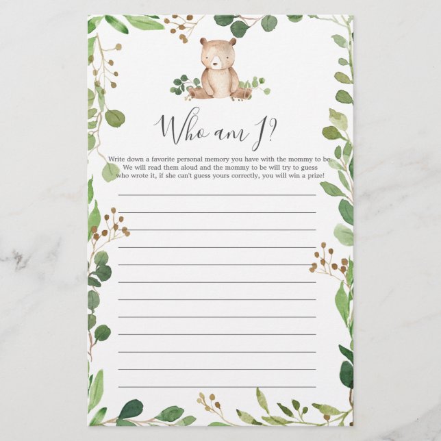Papier Ours Baby shower Qui Suis-Je Jeu (Devant)