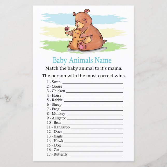 Papier Ours Bébé Animaux Nom Jeu (Devant)