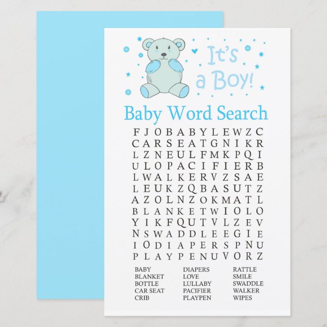 Papier Ours bleu Baby shower Mot de recherche Jeu (Devant / Derrière)