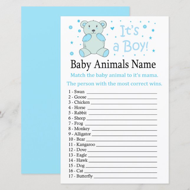 Papier Ours bleu Bébé Animaux Nom Jeu (Devant / Derrière)