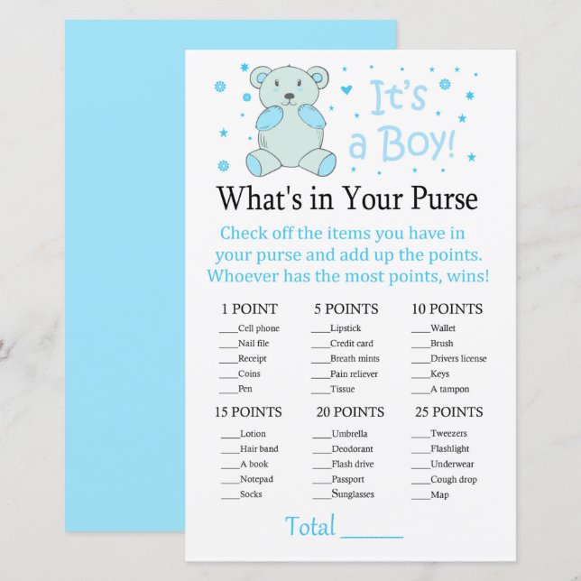 Papier Ours bleu Qu'y a-t-il dans votre sac à main (Devant / Derrière)