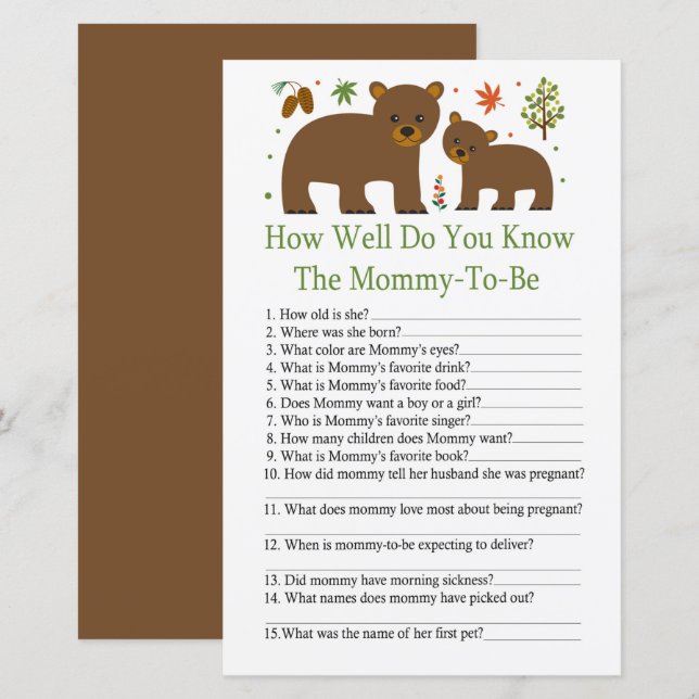 Papier Ours Connaissez-vous bien le jeu baby shower (Devant / Derrière)