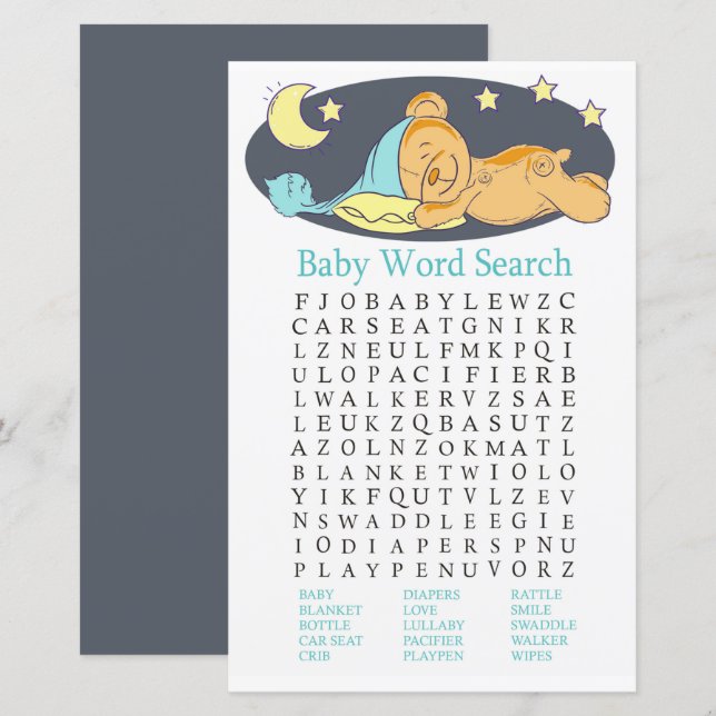 Papier Ours en peluche endormi Baby shower Mot de recherc (Devant / Derrière)