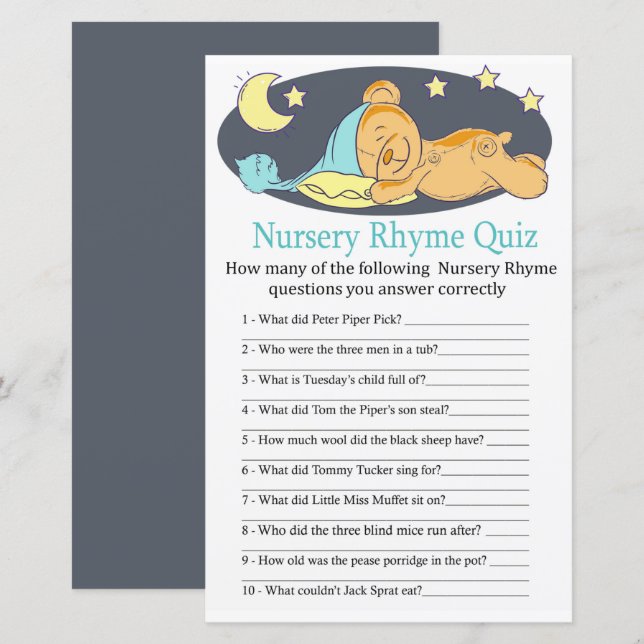 Papier Ours en peluche endormi Nursery Rhyme Quiz baby sh (Devant / Derrière)