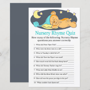 Papier Ours en peluche endormi Nursery Rhyme Quiz baby sh