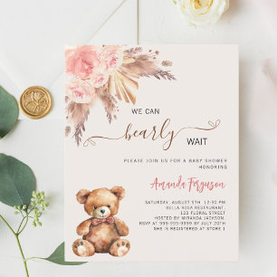 Papier Ours en peluche herbe de pampas rose fille baby sh