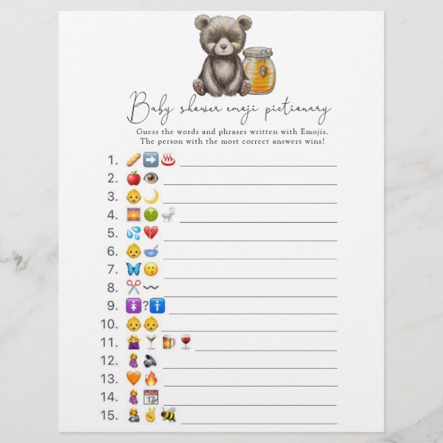 Papier Ours et miel - Emoji jeu d'images baby shower (Devant)