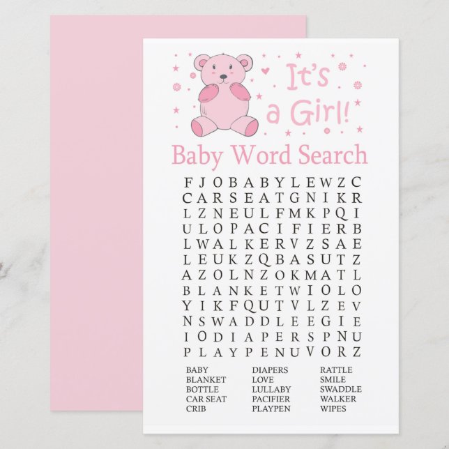 Papier Ours rose Baby shower Word Search Jeu (Devant / Derrière)