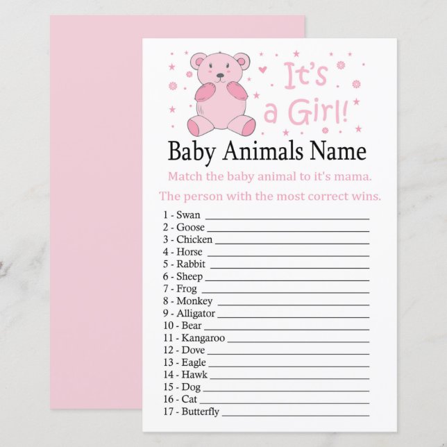 Papier Ours rose Bébé Animaux Nom Jeu (Devant / Derrière)