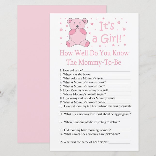 Papier Ours rose Comment bien connaissez-vous le baby sho (Devant / Derrière)