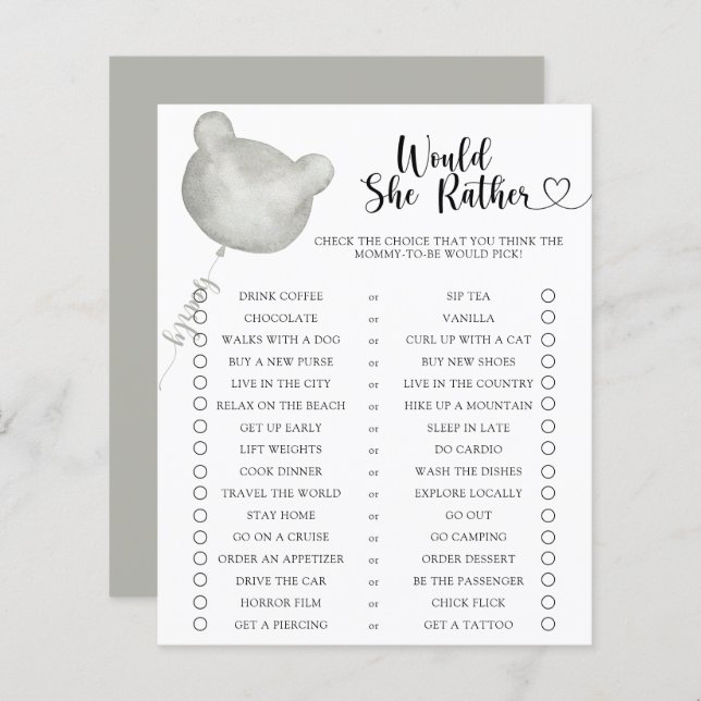 Papier Ours / Voudrait-Elle Plutôt Baby shower Jeu (Devant / Derrière)