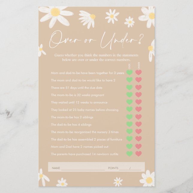 Papier Over or Under Game, Beige Daisy Baby shower Jeu (Devant)