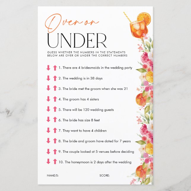 Papier Over or Under Spritz Bridal Shower Games (Devant)