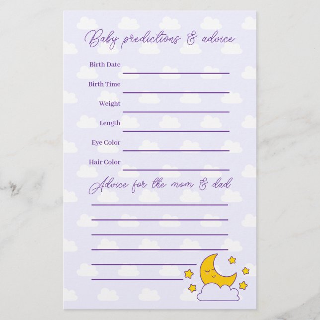 Papier Over the Moon and Stars Baby shower Guessin Jeu (Devant)