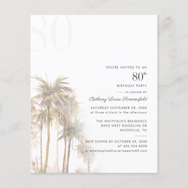 Papier Palm Trees 80e anniversaire fête Budget Invitation (Devant)