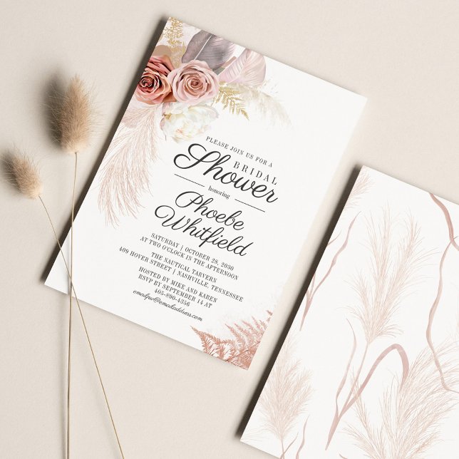 Papier Pampas Grass Terracotta Bridal Show Invitation (Pampas Grass Script Floral Bridal Shower Invitation)