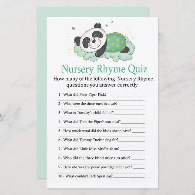 Papier Panda dormant Nursery Rhyme Quiz jeu de baby showe (Devant / Derrière)