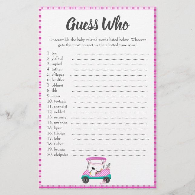 Papier Panier de golf rose avec Baby shower Word Scramble (Devant)