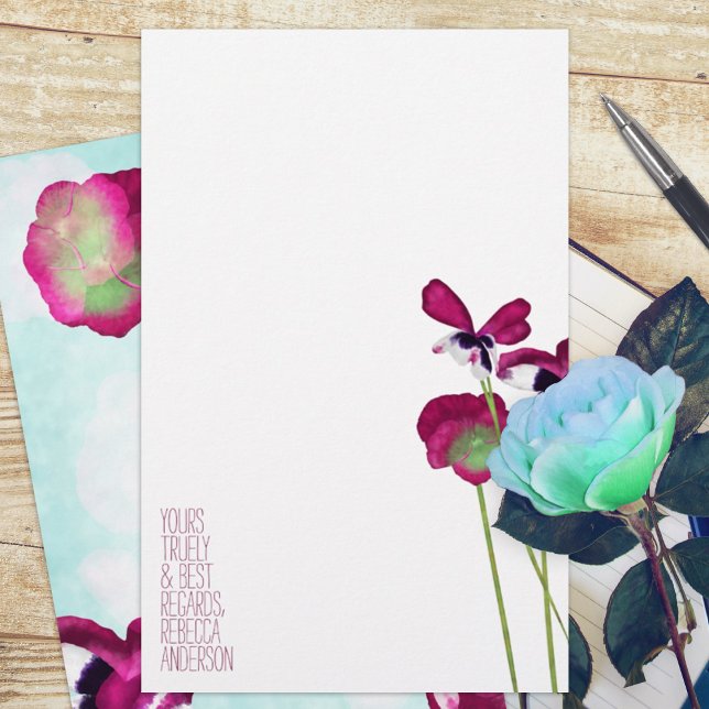 Papier Pansies d'automne, Aqua, Rose, Violet Stationnaire (violet pink magenta pansy pansies floral budget personalized letter writing stationary paper sheets)