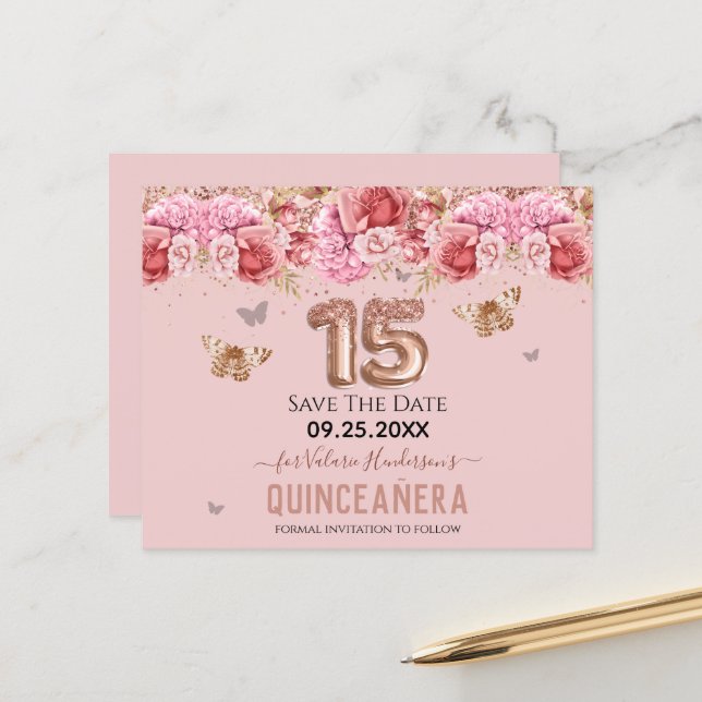 Papier Papillons floraux Quinceañera rose Enregistrer la  (Devant/Arrière en situation)