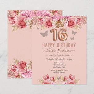 Papier Papillons floraux rose joyeux 16e anniversaire
