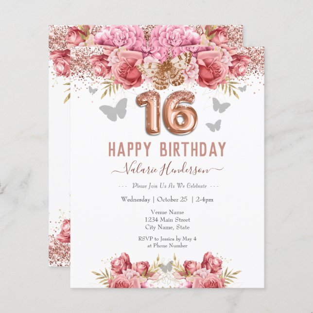 Papier Papillons floraux rose joyeux 16e anniversaire (Devant / Derrière)