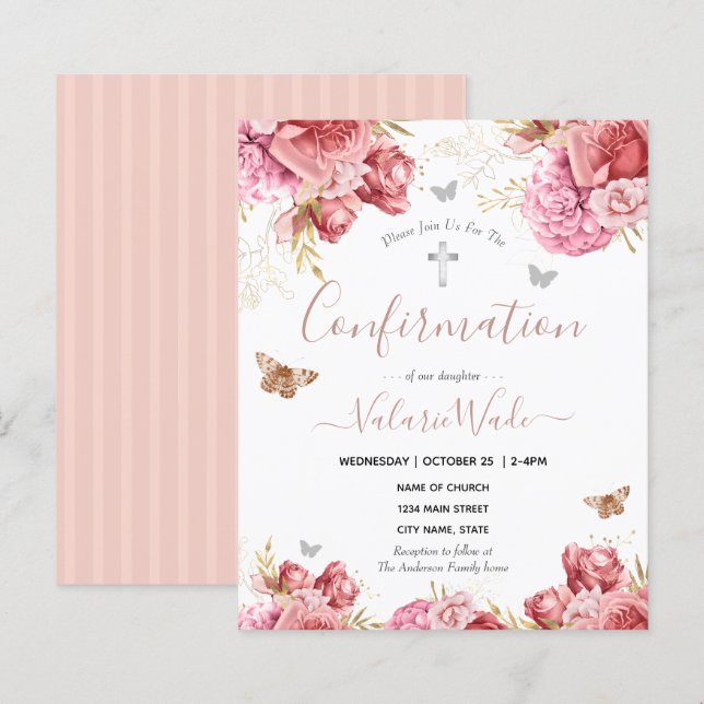 Papier Papillons floraux roses Premier budget de confirma (Devant / Derrière)
