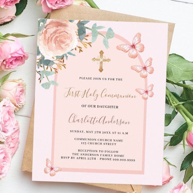 Papier Papillons rose d'or arc floral Première communion (Créateur téléchargé)