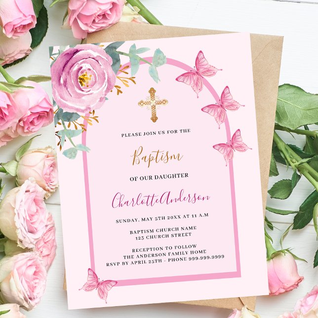 Papier Papillons roses arc fille baptême invitation (Créateur téléchargé)