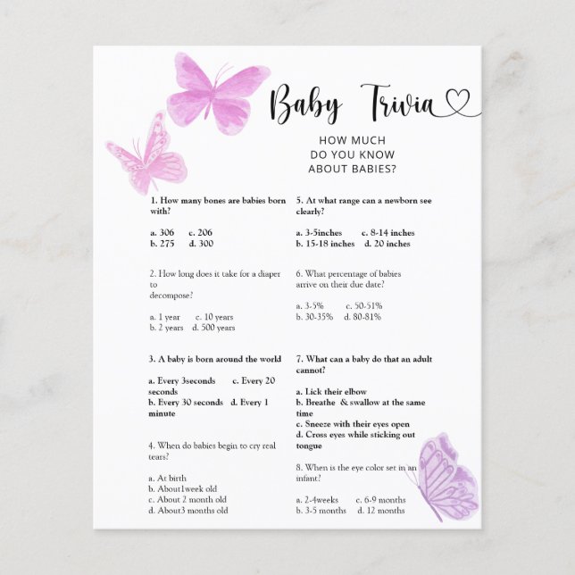 Papier Papillons - Trivia bébé | Jeu Baby shower (Devant)