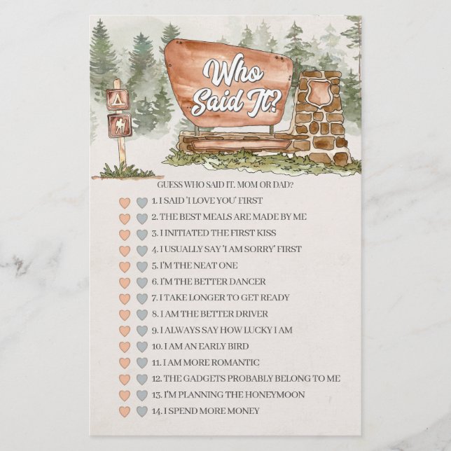 Papier parc national Who Said It baby shower jeu (Devant)