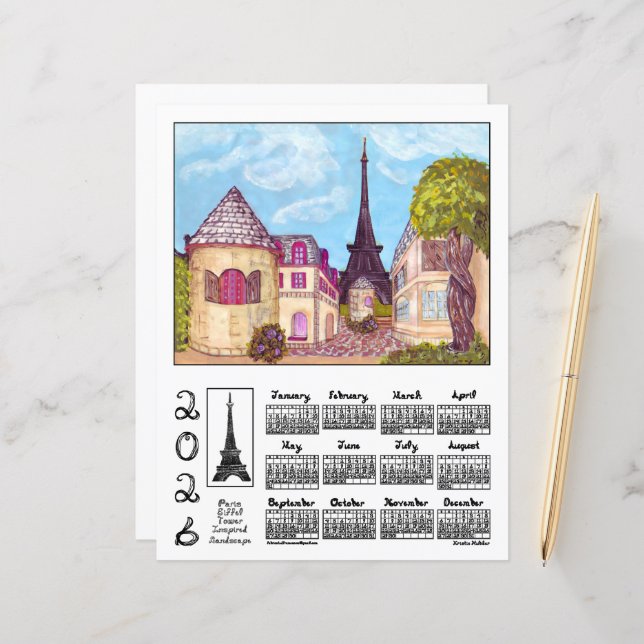 Papier Paris Eiffel Tower Landscape 2026 Calendar Paper (Devant/Arrière en situation)
