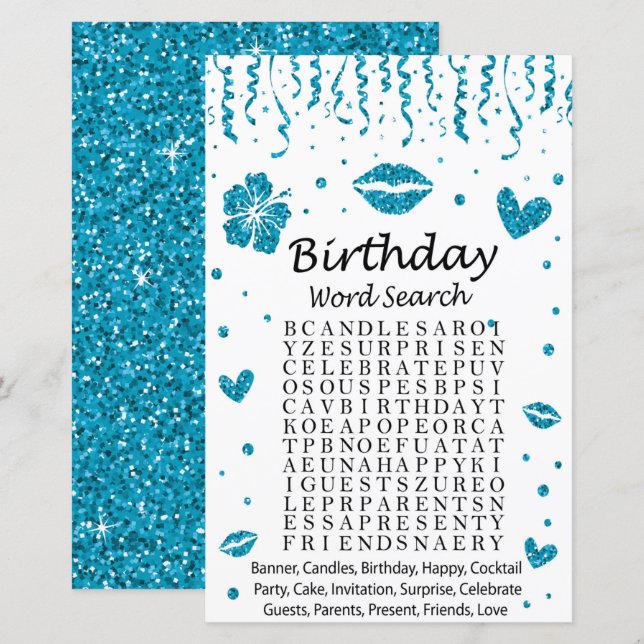 Papier Parties scintillant bleue Anniversaire Mot de rech (Devant / Derrière)