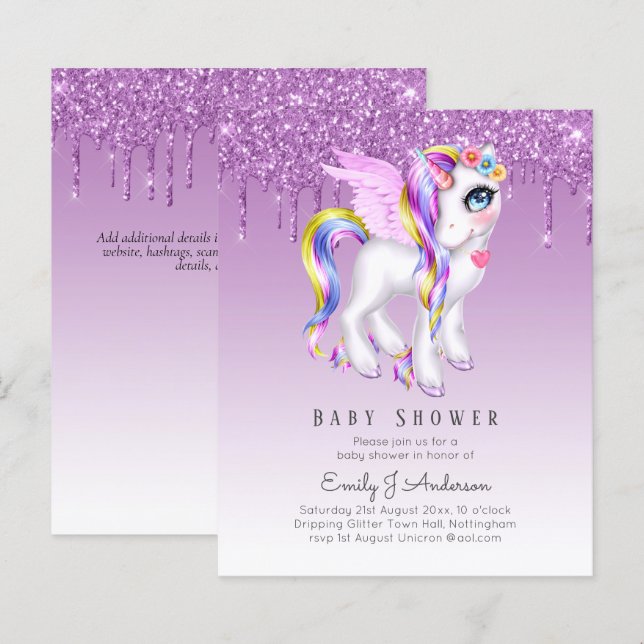 Papier PARTIES SCINTILLANT BUDGET Invitation Unicorn Baby (Devant / Derrière)